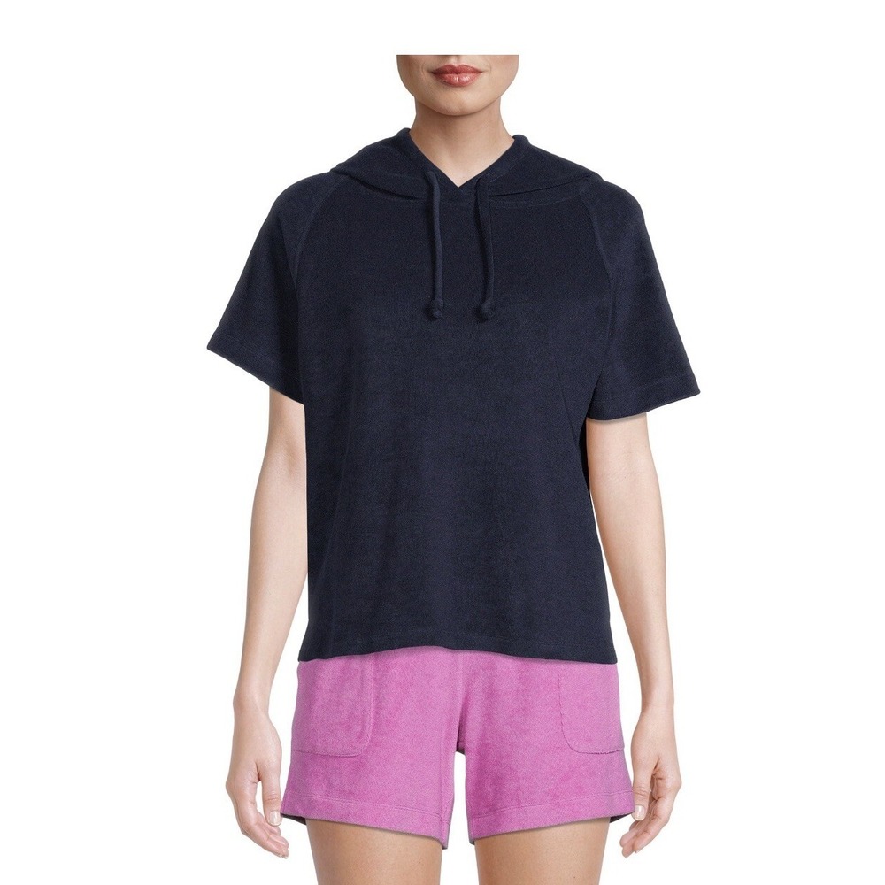 Time & Tru Women's Short Sleeve Hoodie Shirt Size S (4-6) Navy Blue French Terry
